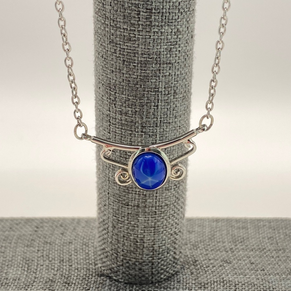 Vintage Necklace Silver Tone Art Nouveau Blue Star Faux Sapphire Glass 16 Inch